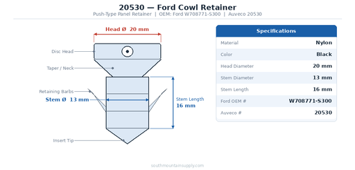 20530 Ford Cowl Retainer technical dimension diagram - Head Ø 20mm, Stem Ø 13mm, Stem Length 16mm