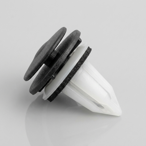BMW windshield cowl clip 51-71-8-234-698 - three-quarter view showing black cap, foam sealer ring, and white insertion cone