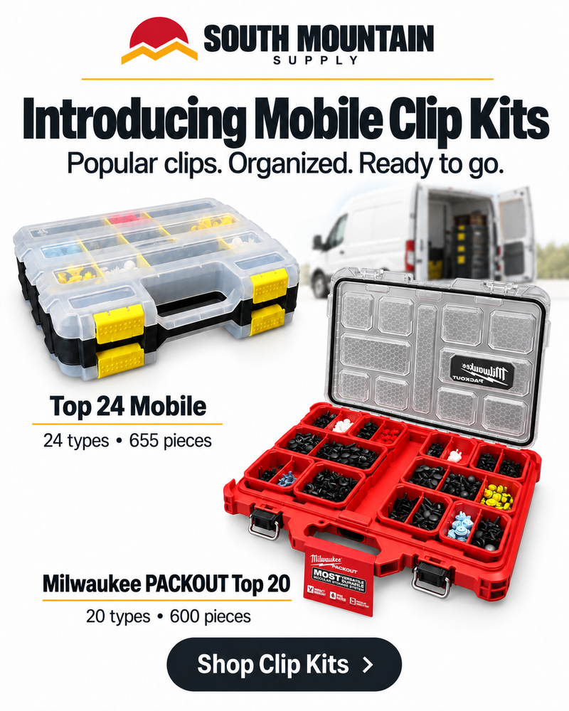 Introducing Mobile Clip Kits — Top 24 Mobile, 24 types and 655 pieces; Milwaukee PACKOUT Top 20, 20 types and 600 pieces. Shop Clip Kits.