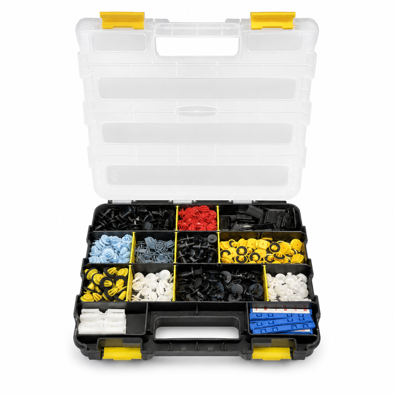 Top 24 mobile kit open showing colored cowl retainers and molding clips