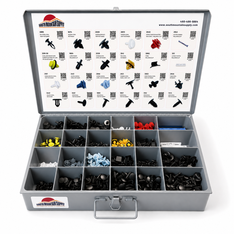 Top 24 shop clip kit in an open metal organizer